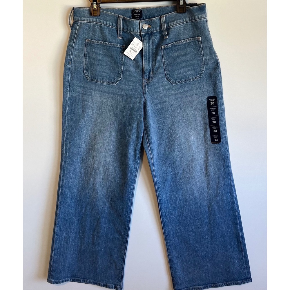 J.Crew Wide-Leg Crop Jeans Blue Denim Front Patch Pockets Size 30